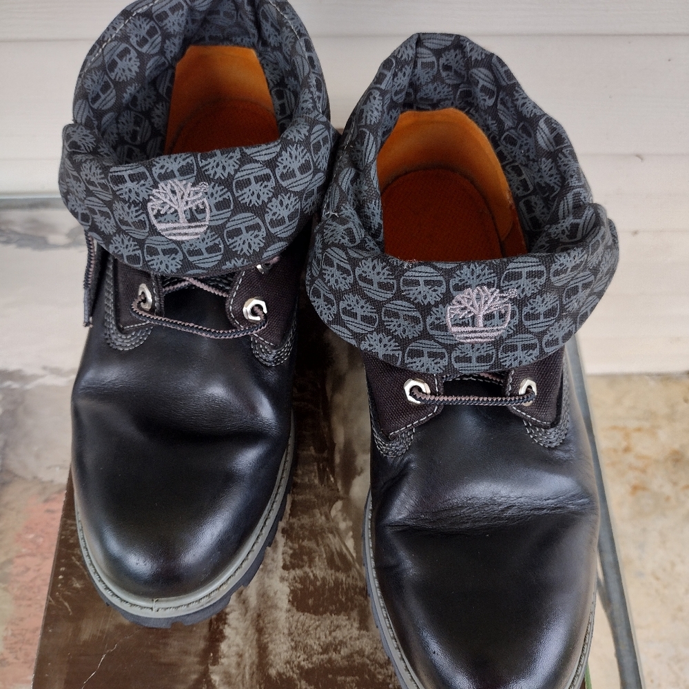 Rare Timberland Roll Top 6 Inch Black Smooth Leather Boots Timberland Fabric Top